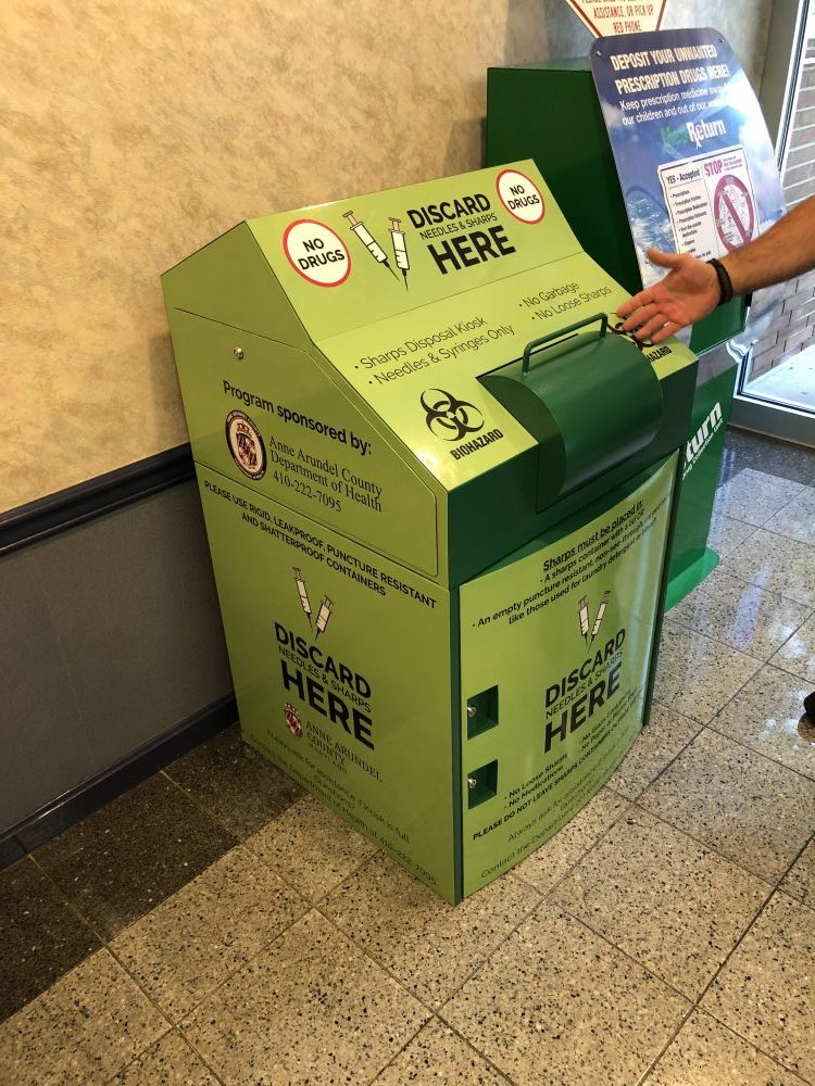 A sharps disposal kiosk