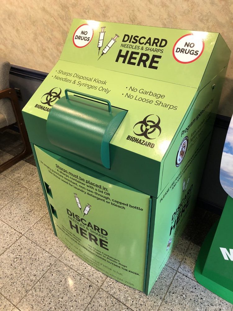 A sharps disposal kiosk